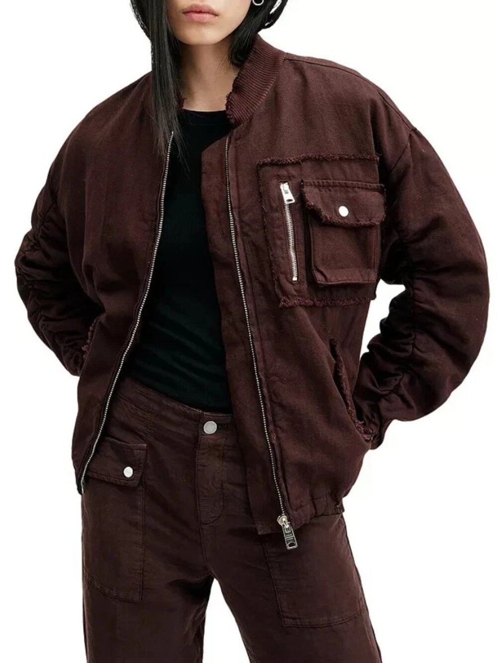 NEW AllSaints Rue Bomber Jacket in Wine Size 6 #SJ1489